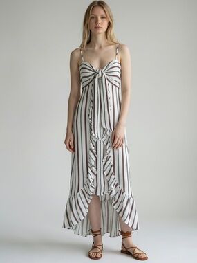 Striped Tie Front Midi Dress Ruffle Hem Boho Cottagecore Sundress S